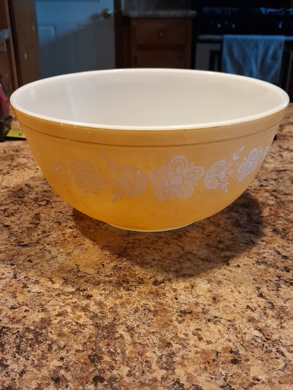 Vintage PyrexYellow Mixing Bowl with White Floral Print